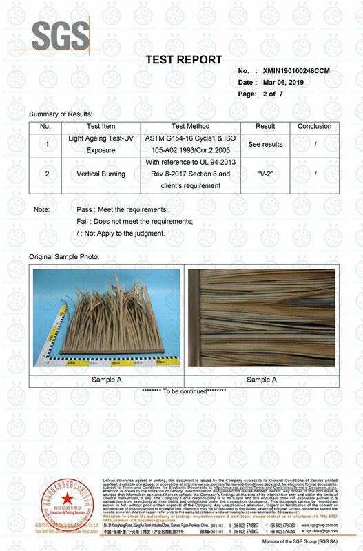 Bumbung rumbia rumpai sintetik dinilai tahan api dan laporan ujian Pendedahan UV mengikut UL 94-2013